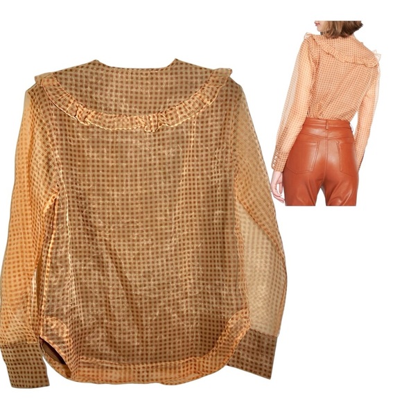 En Saison Size L Check Print Sheer Long Sleeve Blouse Ruffle Collar Lined Button - Picture 2 of 13